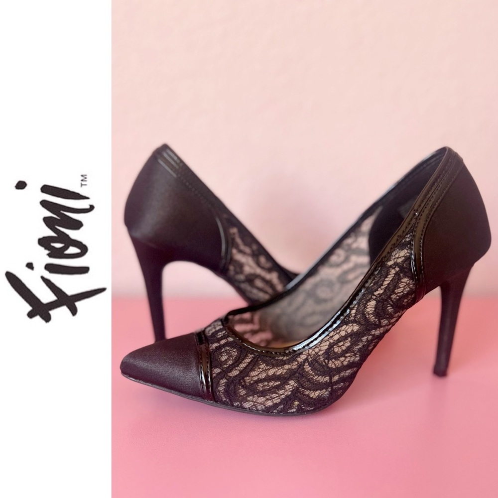 Fioni Black Satin and Lace Pointed Toe Heels